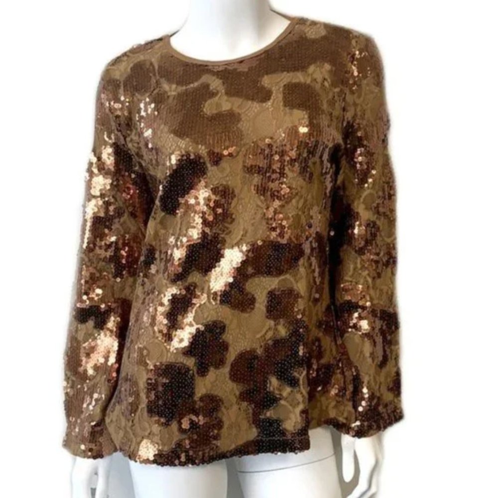 LaBellum Hillary Scott Sequin Bell Sleeve Top, Tan Bronze